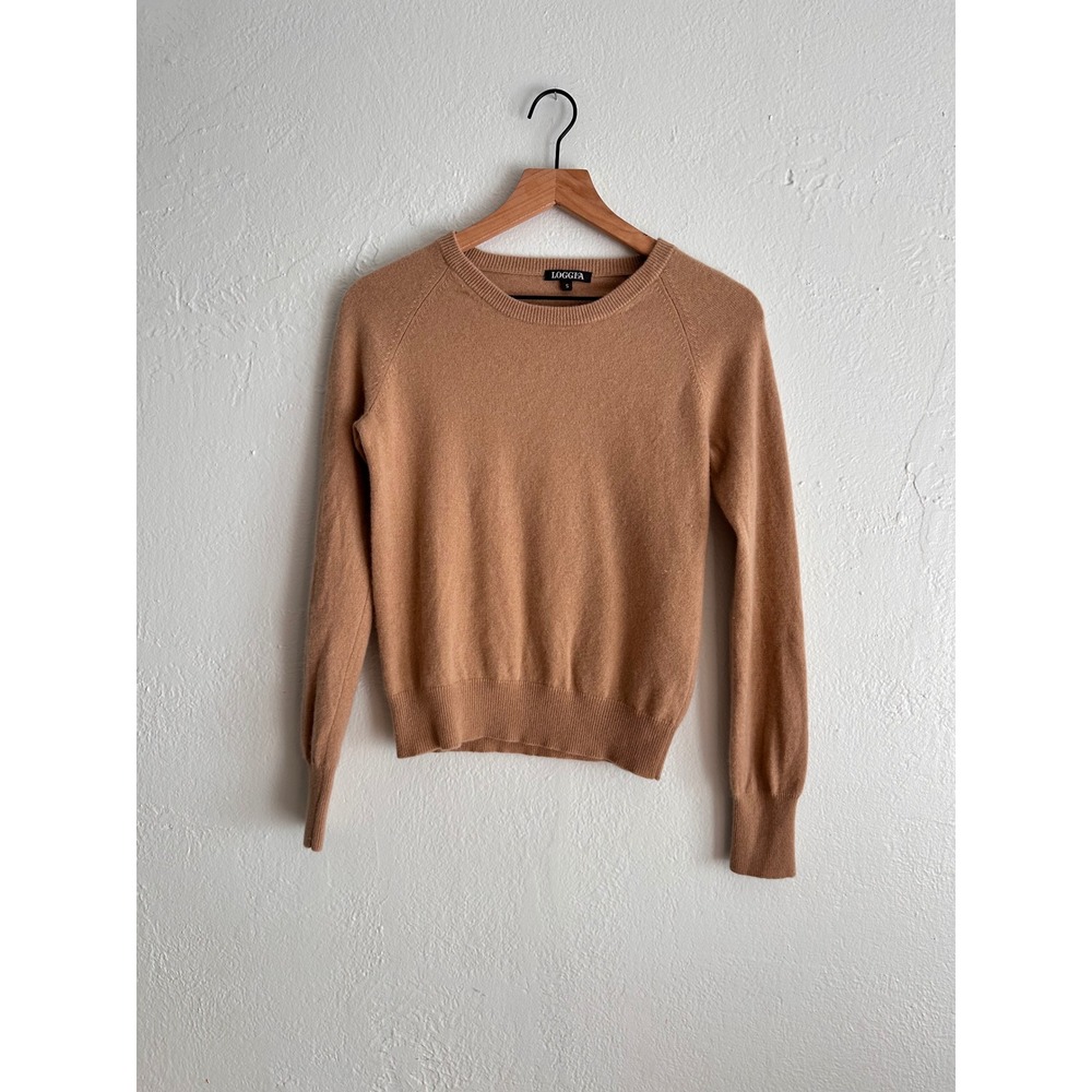 Loggia 100% Cashmere Crewneck Sweater Camel Tan Raglan Sleeve Small
